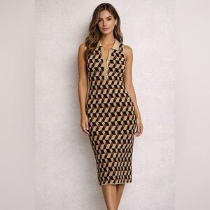 House of Harlow 1960 Black and Tan geometric print sweater Midi Dress